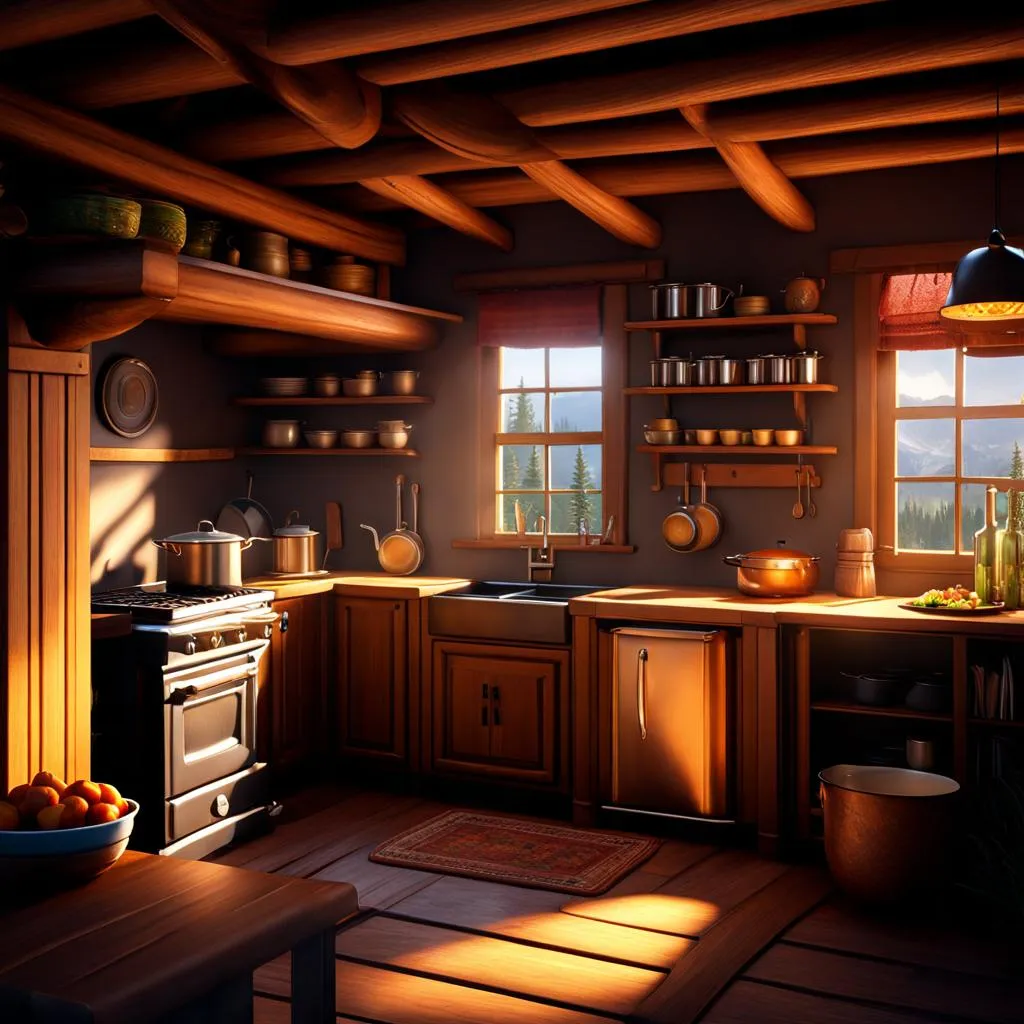 Cozy pixel art cabin kitchen with wooden cabinets and sunlight